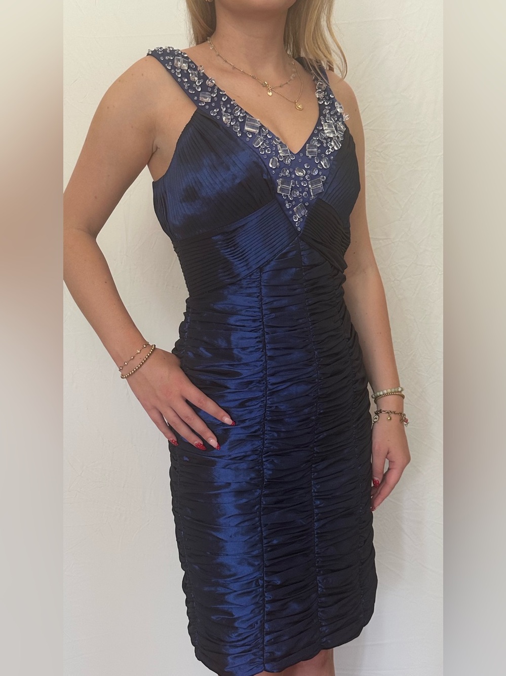 Sue Wong Navy Beaded V-Neck Ruched Midi Dress